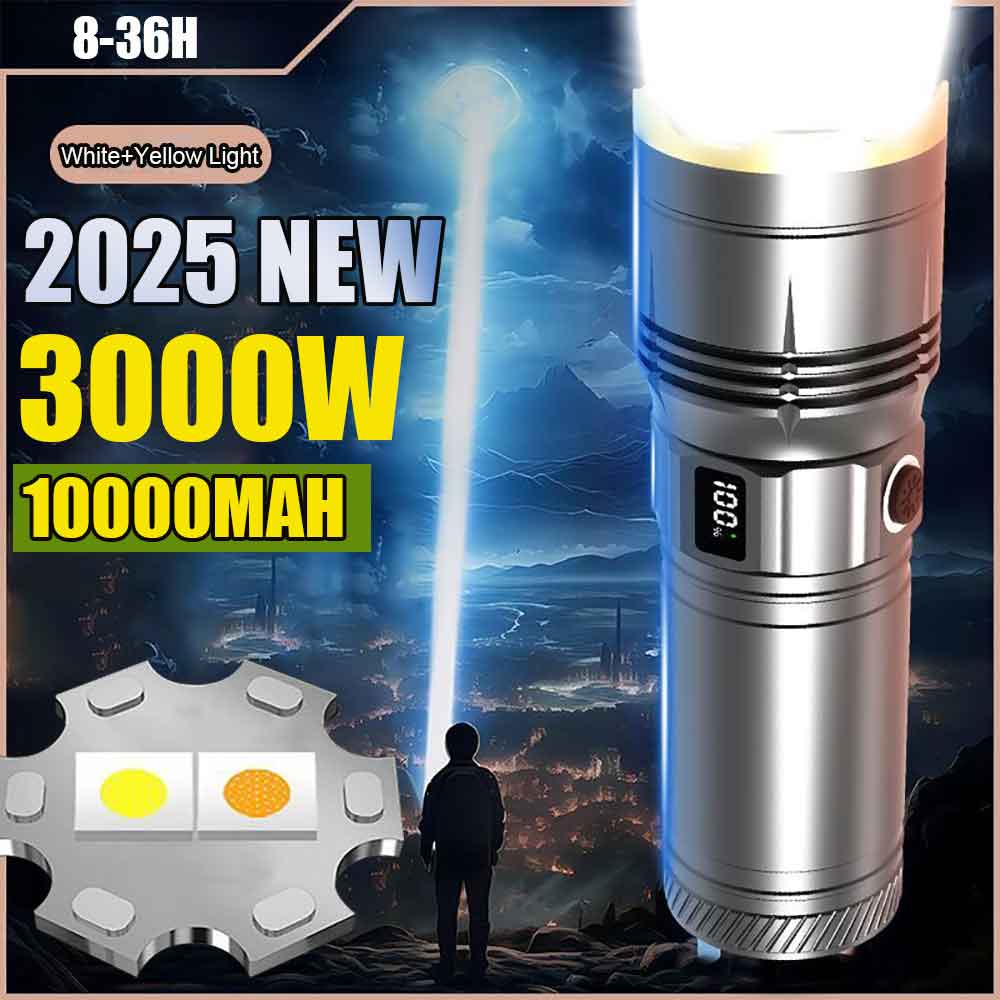 Laser Power Supply 60W - 2025 最新 10000mah 強力な白と黄色のレーザーデュアル光源懐中電灯 3000 ワット戦術懐中電灯緊急スポットライト
